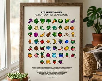 Stardew Valley Poster, Pelican Town Crops and Foraging Chart, Farmhouse Game Room Decor, Stardew Valley Gift, Pixel Art Farming Print