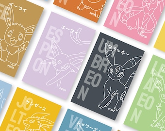 Minimalistische poster van Eeveelutions, lijntekening van Eevee-evoluties, A4 Pokémon-muurdecoratie, Jolteon, Flareon, Vaporeon, Sylveon, Espeon, Umbreon