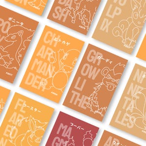 May include: A collection of orange and red cards featuring white line art illustrations of various characters. Each card has a character name and number, with some text in Japanese. The cards are arranged at different angles.