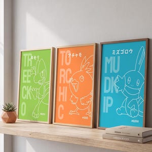 May include: Three framed art prints with cartoon characters on green, orange, and blue backgrounds. Each print has a white outline of a character with Japanese and English text. The prints are displayed on a wooden shelf with a small plant and books.