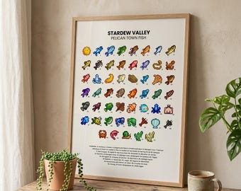 Stardew Valley Fish Poster Digital Download, Pelican Town Fish Field Guide Print, Cozy Gaming Wall Art, Pixel Art Game Printable Poster