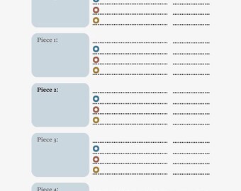 May include: A practice checklist with a blue and brown colour scheme. The checklist has sections for theory and technique, piece 1, piece 2, piece 3, and piece 4. Each section has a space for assignment and completed.