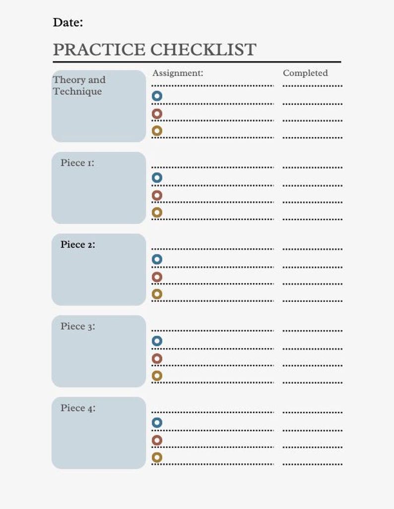 May include: A practice checklist with a blue and brown colour scheme. The checklist has sections for theory and technique, piece 1, piece 2, piece 3, and piece 4. Each section has a space for assignment and completed.