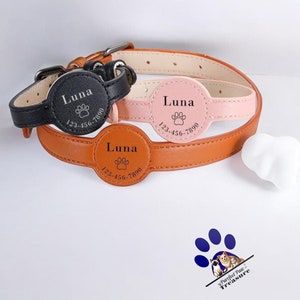 Personalized Leather AirTag Cat Collar – Custom Engraved Name Collar with AirTag Holder – Adjustable & Secure