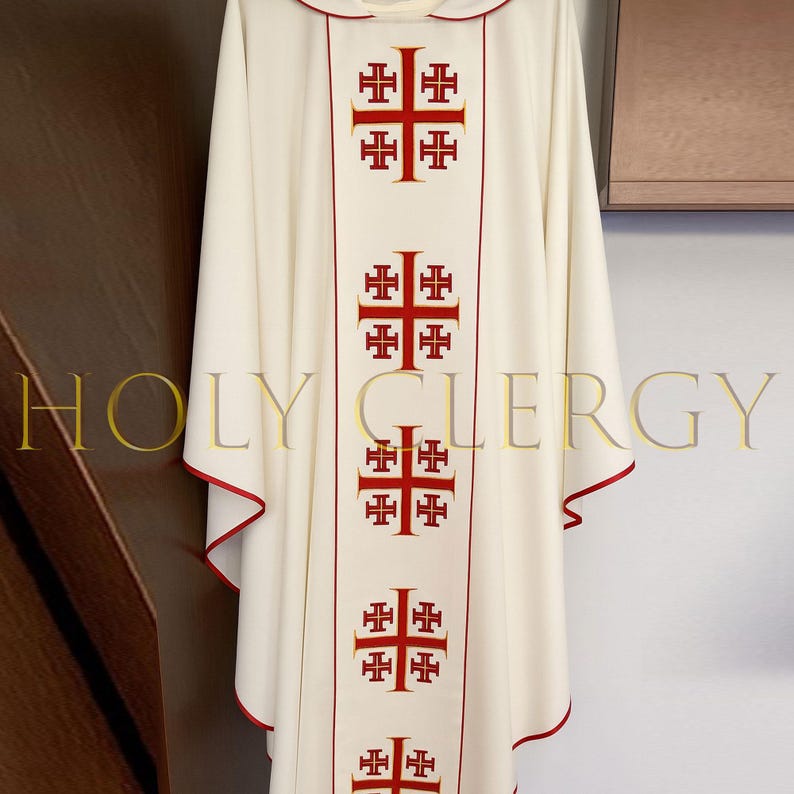 Priestly Robe White Chasuble Vestment With Jerusalem Cross | Priest & Clergy Vestment ...