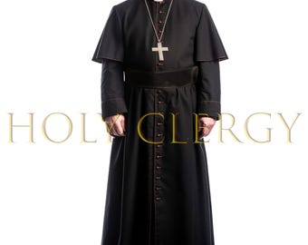 May include: Black clerical cassock with a matching cape, red trim, and a row of buttons down the front. A silver cross pendant hangs from a chain. The text "HOLY CLERGY" is visible in gold.
