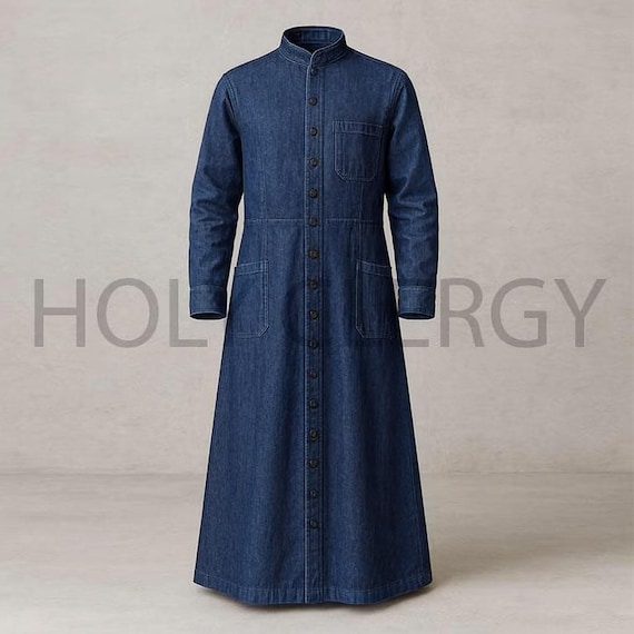 Blue Denim Roman Cassock Soutane | Denim Custom Clergy Robe Priest Vestment