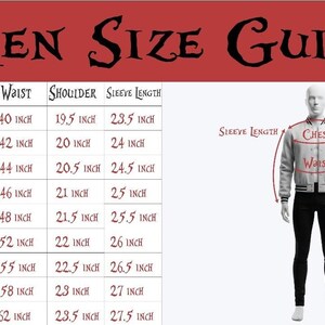 May include: A size guide for jackets, with measurements in inches. The chart includes chest, waist, shoulder, and sleeve length for sizes XS to 5XL. A mannequin illustrates the measurement points. The title reads "Men Size Guide".