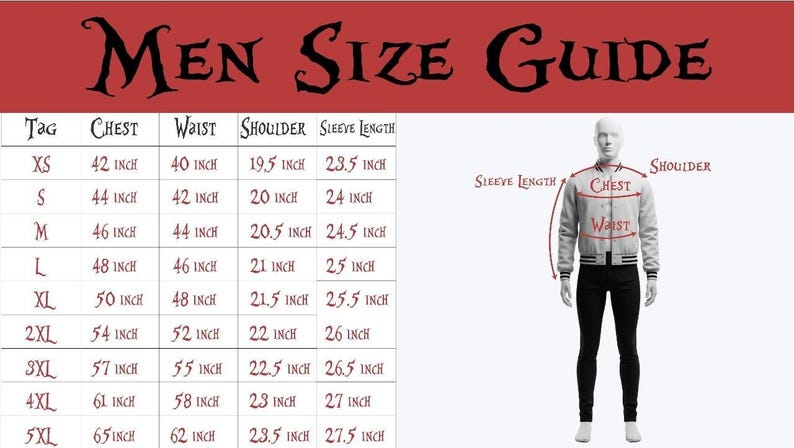 May include: A size guide for jackets, with measurements in inches. The chart includes chest, waist, shoulder, and sleeve length for sizes XS to 5XL. A mannequin illustrates the measurement points. The title reads "Men Size Guide".