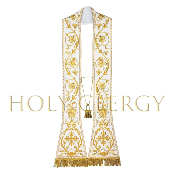 Roman Style Priest Stole Ivory Gold Embroidered Catholic Vestment Flared Spade Ends Baroque Clergy Stole with Fringe