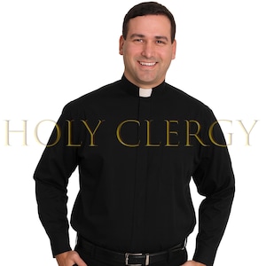 May include: Black long-sleeve clergy shirt with a white collar. The shirt has a button-down front and a pocket on the left chest. The text "HOLY CLERGY" is displayed in gold lettering.