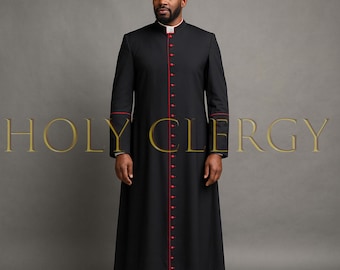 May include: A black clergy robe with red trim and buttons. The robe has a high collar with a white insert. The text "HOLY CLERGY" is displayed in gold lettering across the image. The robe is worn by a person.