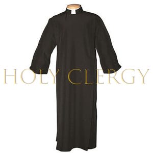 May include: A black clergy cassock with long sleeves and a white clerical collar. The text "HOLY CLERGY" is displayed in gold lettering across the bottom of the image. The garment is made of a dark, opaque fabric.