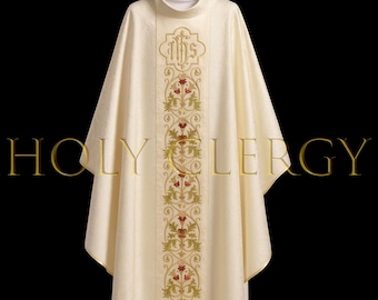 Casulla católica romana de marfil / Casulla sacerdotal tradicional / Casulla litúrgica de brocado con bordado IHS dorado