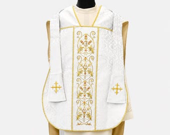 Casulla romana de seda blanca con bordado dorado - Vestimenta católica tradicional, conjunto para la Misa Tridentina Baja