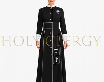 Female Black and White Cassock with Cross Embroidery – Mary Magdalene Clergy Robe for Pastors, Apostles, Bishops and Ministers