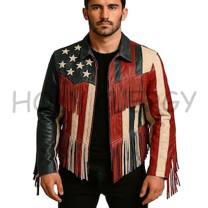 May include: Leather jacket with a design inspired by the American flag. The jacket features red and white stripes, a blue section with white stars, and decorative fringe. The sleeves are black.