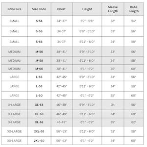 May include: A detailed size chart for robes, displaying measurements in inches. The chart includes robe size, size code, chest, height, sleeve length, and robe length. Sizes range from small to XX-large.