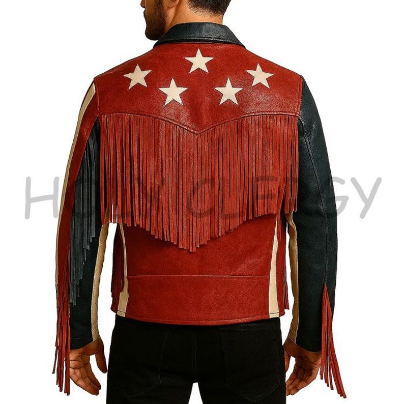 May include: Red leather jacket with white stars on the back and fringe detailing. The jacket has black sleeves and cream-colored stripes on the sides. A classic western-inspired design.
