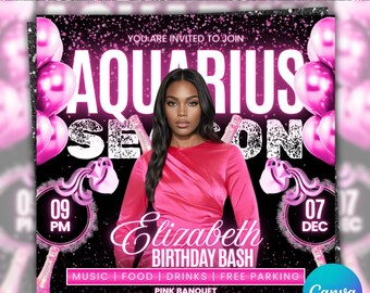Aquarius Birthday Flyer, Birthday Girl, HBD Flyer, Aquarius Season, Aquarius Party Flyer, Celebration Flyer, Bday Invite, Canva Editable