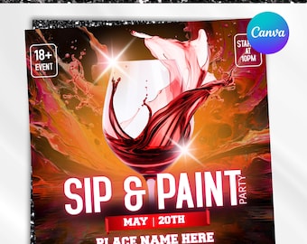Sip And Paint Flyer, Paint Party Flyer, DIY Template Design, Party Flyer, Premade Business Event Flyer, Sip and Shop Flyer, Canva Editable