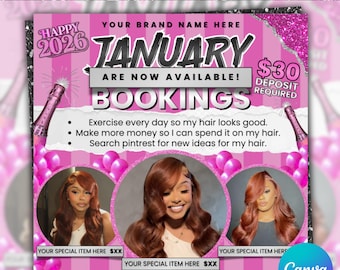 Boekingsflyer januari, flyer voor nieuwjaarsboeking, flyer voor nieuwjaarsuitverkoop, januari Hair Braids Lash Nail Wig MUA-flyer installeren, bewerkbaar op canvas