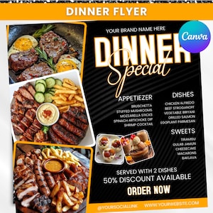 Ulotka z ofertami specjalnymi na kolację, Ulotka z wyprzedażą kolacji, Ulotka z ofertami menu kolacji, Ulotka restauracji, Gotowe promocyjne materiały cateringowe, Ulotka DIY, Canva edytowalna