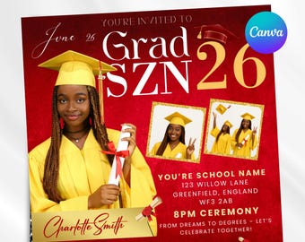Afgestudeerde flyer, afstudeerfeest flyer, afstudeeruitnodiging, collegebesluit, klasse van 2026 flyer, senior afstudeerder aankondigen, Canva bewerkbaar