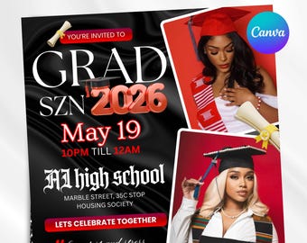 Afgestudeerde flyer, afstudeerfeest flyer, afstudeeruitnodiging, collegebesluit, klasse van 2026 flyer, senior afstudeerder aankondigen, Canva bewerkbaar