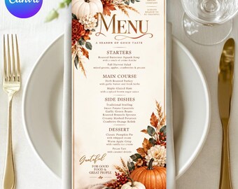 Thanksgiving Party Dinner Menu Canva Template Editable Friendsgiving Menu Card Template Fall Dinner Menu Printable Pumpkin Floral Menu Card