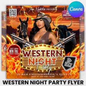 Western Party Flyer, Birthday Western Party Flyer, Night Club Flyer, Summer Pool Party Flyer, Cowgirl, Social Media Flyer, Canva Editable