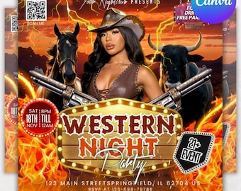 Western Party Flyer, Birthday Western Party Flyer, Night Club Flyer, Summer Pool Party Flyer, Cowgirl, Social Media Flyer, Canva Editable