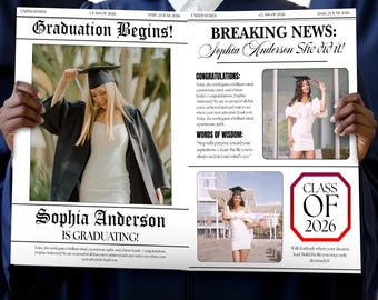 Modello di giornale di laurea, modello di laurea, percorso di laurea, giornale della classe del 2026, annuncio di giornale, modificabile da Canva