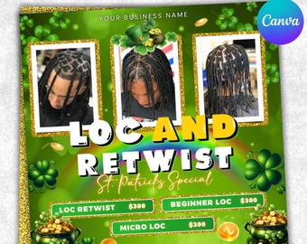 Loc And Retwist Flyer, March Booking Flyer, March Madness Bookings, St. Patricks Flyer, Hairstylist, Loctician, Locs Special, Canva Editable