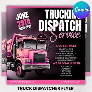 Puede incluir: Folleto rosa y negro para un servicio de despacho de camiones. El folleto incluye una ilustración de un camión rosa, el texto "Trucking Dispatch Service" y detalles sobre los servicios ofrecidos, incluyendo la planificación de carga y la facturación. También se indica la fecha y hora de un evento.