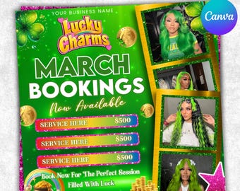 Boekingsflyer maart, flyer St. Patrick Day, flyer maart Madness, maart Boek nu, flyer maart Hair, maart Braids Lashes Nails, bewerkbaar op canvas