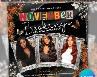 November Booking Flyer, Fall Szn Booking Flyer, Thanksgiving Book Now, November Hair Lash Nail Braids MUA Wig Autumn Flyer, Canva Editable