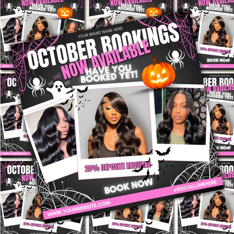 October Booking Flyer, October Books Open, Halloween Hair Flyer, Spooky SZN Flyer, Hair Braids Nails MUA Lash Locs Wig, Canva Editable