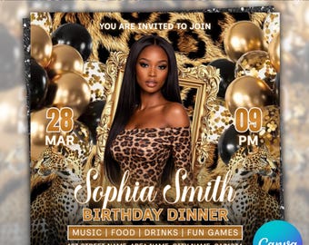 Cheetah Print Birthday Invitation Flyer, Zodiac Birthday, Night Club Sleepover Party, Leopard Print Pajama Party, Bday Invite,Canva Editable