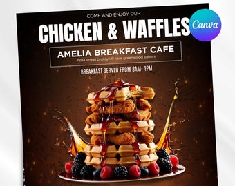 Brunch Flyer Chicken And Waffles, Restaurant Marketing, Bar and Grill, Brunch Event, Chef Flyer, Chicken & Waffles, DIY Temp, Canva Editable