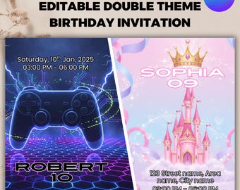 Editable Sibling Birthday Invitation Template, Double Birthday Invite, Dual Combined Twins, Printable Boy and Girl Double Invite, DIY Canva