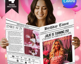 Plantilla de periódico de cumpleaños editable, periódico de cumpleaños de Canva, plantilla de periódico, periódico de cumpleaños para fotografía, invitación de cumpleaños