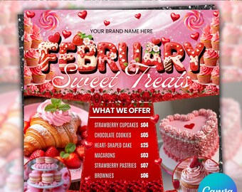 Valentine's Day Bakery Flyer, February Bake Sale Flyer, Bakery Flyer, DIY Template Design, Sweet Treats Template, Cake Flyer, Canva Editable