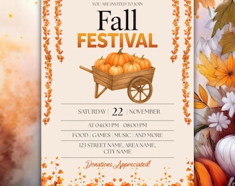 Fall Festival Flyer, Fall Festival Invitation, Printable Autumn Church Event Invitation, Harvest Party Flyer, Pumpkins Party, Canva Editable