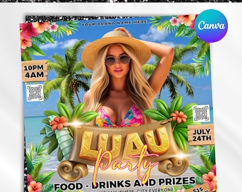 Luau Party Flyer, Hawaiian Party Flyer, Summer Beach Party Flyer, Club Party Invitation, Summer Break Flyer, Pool Party Flyer,Canva Editable