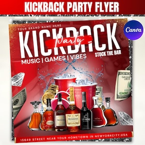 May include: A red party flyer with the text "KICKBACK PARTY FLYER" at the top. The flyer features the words "KICKBACK Party" in large white letters, with "MUSIC | GAMES | VIBES" below. It includes images of liquor bottles, red cups, money, and a watch.