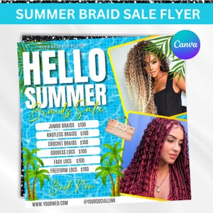 Summer Braids Sale Flyer, Summer Sale Flyer, Braid Prices Flyer, Braids Sale Flyer, July Booking Flyer, June Booking Flyer, Canva Editable
