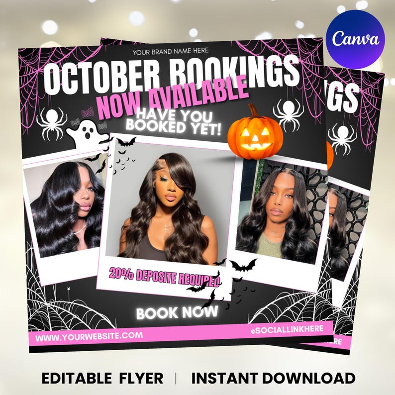 October Booking Flyer, October Books Open, Halloween Hair Flyer, Spooky SZN Flyer, Hair Braids Nails MUA Lash Locs Wig, Canva Editable