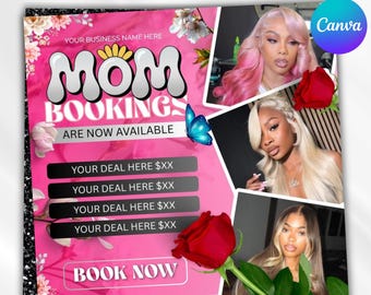 Mothers Day Booking Flyer, May Booking Flyer, May Books Open, May Appointments, Book Now Flyer, Hair Braids Wig Nails Lashes, Canva Editable