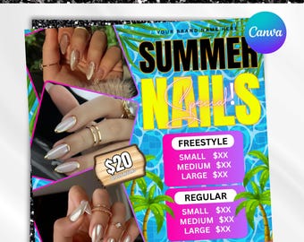 Rea-flyer för naglar, bokningsflyer för juli, bokningsflyer för sommaren, bokning för juni, bokningsflyer för naglar, nagelflyer, nageltidsbokningar, redigerbar i Canva
